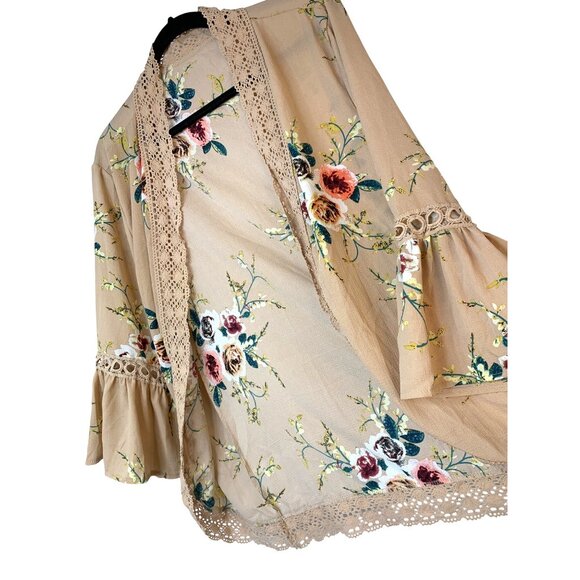 New Floral Beige Kimono Cardigan Lace Trim & 3/4 Bell Sleeves M RC10148 Open - Picture 4 of 10